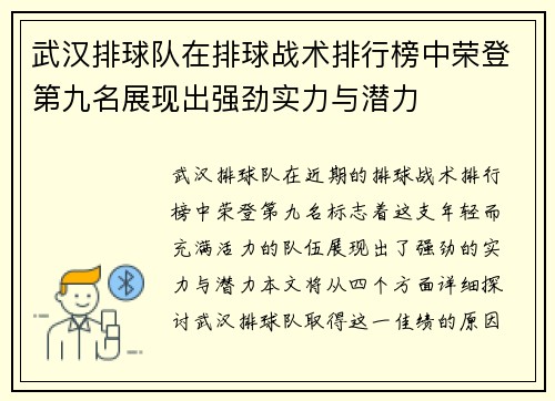 武汉排球队在排球战术排行榜中荣登第九名展现出强劲实力与潜力